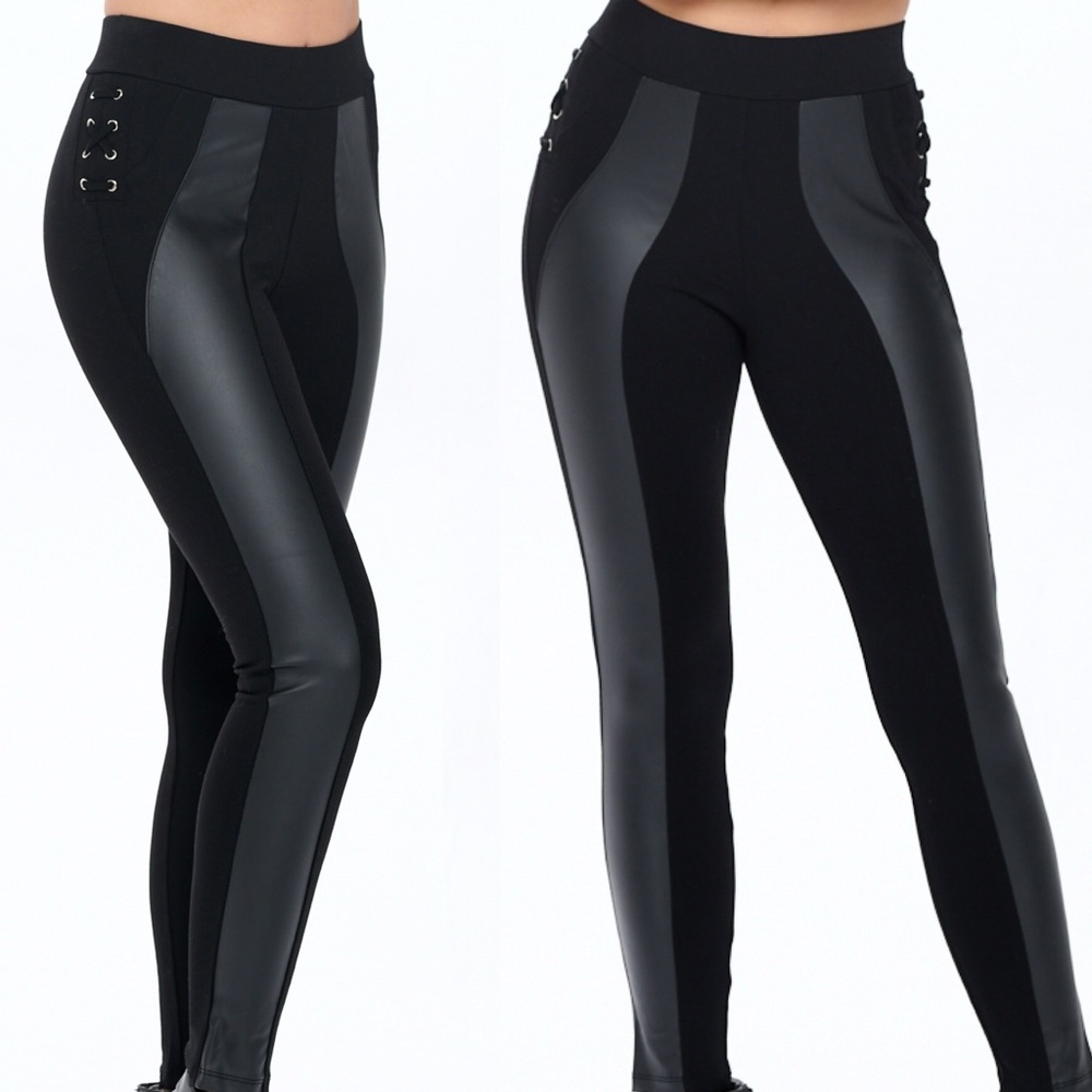 Cisono High waist black Faux Leather Panel Leggings